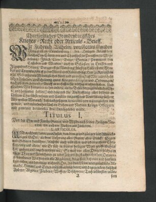 Churfürstliches Brandenburgisches Krieges-Recht oder Articuls-Brieff.
