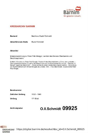 Materialsammlung zu Peter Fritz Mengel, Landrat des Kreises Oberbarnim und Deichhauptmann.