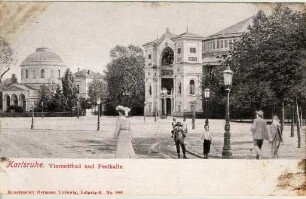 Postkartenalbum. "Karlsruhe". Vierordtbad und Festhalle