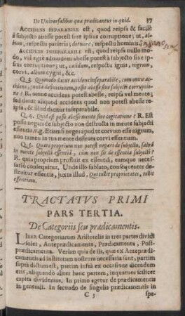 Pars Tertia. De Categoriis seu praedicamentis