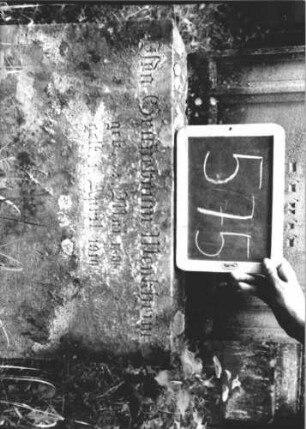 Grabstein 575 (Index: 99895388) Material: Sandstein Zustand: gut, Sockel leicht verwittert Maße HxBxT: 148x59x18 cm Beschreibung: Stele mit Rundbogenabschluss, kleiner Verdachung und Mittelakroter; Sockel Symbolik: Rosengebinde: Grabstein 575 (3)