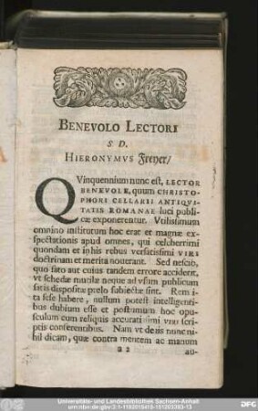 Benevolo Lectori S.D. Hieronymus Freyer,