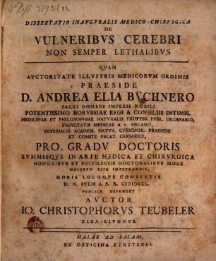 Dissertatio inauguralis medico-chirurgica de vulneribus cerebri non semper lethalibus