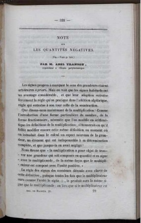 Note sur les quantités négatives.