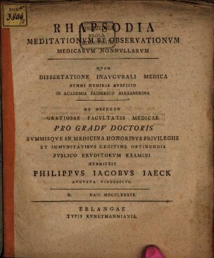 Rhapsodia meditationum et observationum medicarum nonnullarum