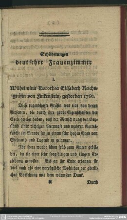 Wilhelmina Dorothea Elisabeth Reichsgräfin von Finkenstein, gestorben 1760 [I. Schilderungen deutscher Frauenzimmer]