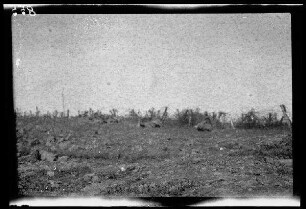 Übungsgelände I bei Mouzon (Dep. Ardennes, Frankreich): 3 hinter einem Drahthindernis kauernde Soldaten (Distanzaufnahme) ("im Drahtverhau")