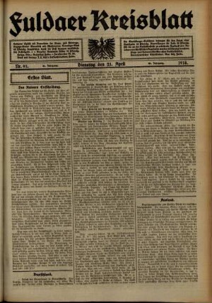 Erste Ausgabe vom Dienstag, den 21. April 1914.