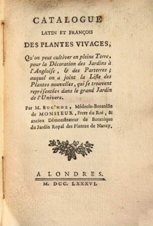 Catalogue latin et françois des plantes vivaces ...