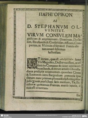 Parēgorikon Ad D. Stephanum Olvenstet. Virum Consulem ...