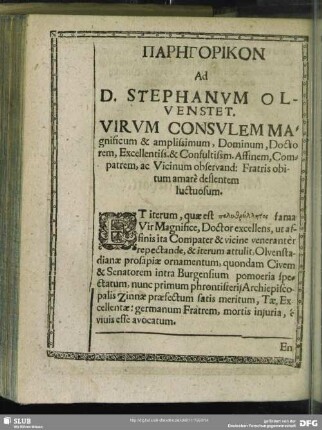 Parēgorikon Ad D. Stephanum Olvenstet. Virum Consulem ...