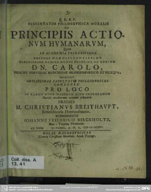 Dissertatio Philosophica Moralis De Principiis Actionum Humanarum