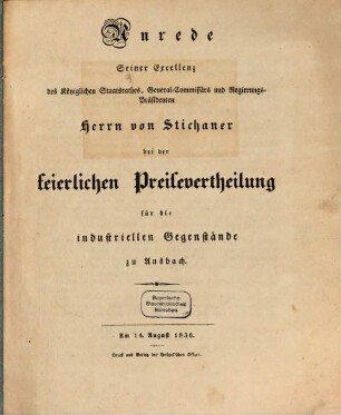 Anrede bei der feierlichen Preisevertheilung für die industriellen Gegenstände zu Ansbach am 14. Aug. 1836