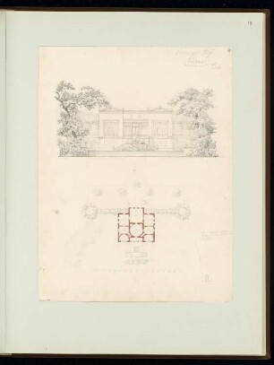 Landhaus Monatskonkurrenz Januar 1857: Lageplan mit Grundriss, Aufriss (Landseite); Maßstabsleiste