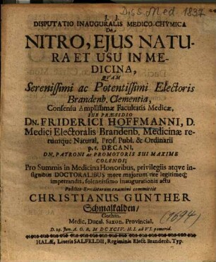 Disputatio Inauguralis Medico-Chymica De Nitro, Eius Natura Et Usu In Medicina