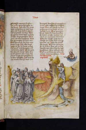 Kolorierte Federzeichnung: Siegesgesang der Juden - Moses macht bitteres Wasser süß