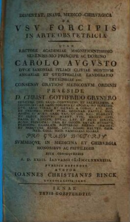 Dissertat. Inaug. Medico-Chirurgica De Usu Forcipis In Arte Obstetrica