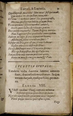 Lucretia Euryalo: Tandem victa Lucretia fatetur amores suos, diutiuscule occultatos: Seque totam Euryalo, ejusque fidei, permittit: Elegia VIII.