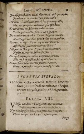 Lucretia Euryalo: Tandem victa Lucretia fatetur amores suos, diutiuscule occultatos: Seque totam Euryalo, ejusque fidei, permittit: Elegia VIII.