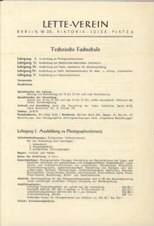 Prospekt der Technischen Fachschule im Lette-Verein