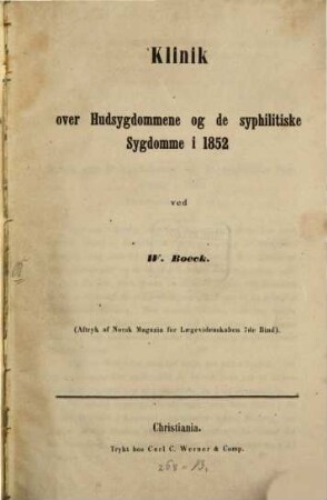 Klinik over Hudsygdommene og de syphilitische Sygdomme i 1852