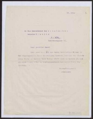 Schreiben an das Sekretariat der Kunstschau Galerie Miethke, Wien (Brief)
