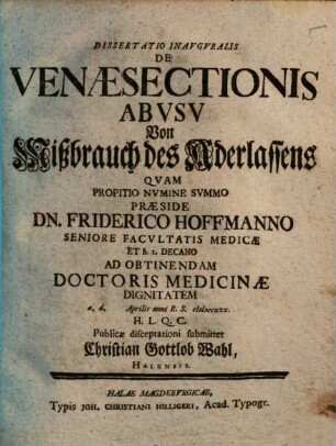 De venaesectionis abusu, vom Mißbrauch des Aderlassens