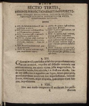 Sectio Tertia, Visionis Perfectionemet Imperfecti, ... - Sectio Quarta, Medicinam Quandam Generalem, ...