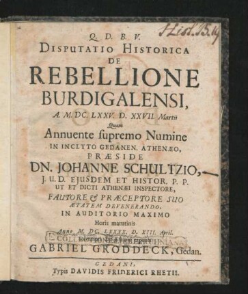 Disputatio Historica De Rebellione Burdigalensi, A. M.DC.LXXV. D. XXVII. Martii