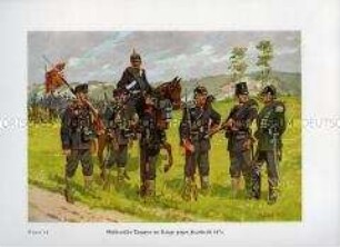 Uniformdarstellung, Infanteristen, Kavalleristen und Pioniere der Württembergischen, Badischen und Hessischen Regimenter, 1870.