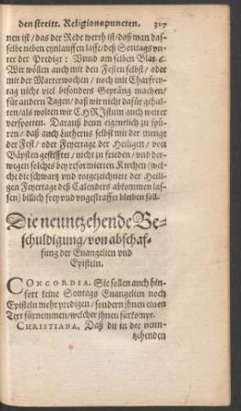 Die neuntzehende Beschuldigung/ von abschaffung der Evangelien und Episteln.