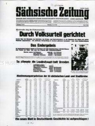 Titelblatt der Tageszeitung der SED Sachsen "Sächsische Zeitung" mit den Ergebnissen des Volksentscheids über die Enteignung der Kriegsverbrecher