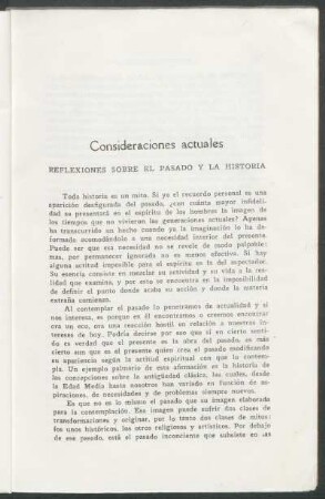 Consideraciones actuales : Reflexiones sobre el pasado y la historia