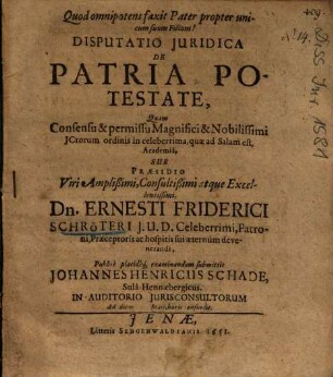 Disputatio Juridica [Iuridica] De Patria Potestate