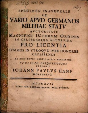 Specimen inaugurale de vario apud Germanos militiae statu