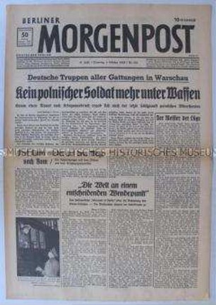 Tageszeitung "Berliner Morgenpost" zur Kapitulation der polnischen Armee, Schlagzeile: "Kein polnischer Soldat mehr unter Waffen"