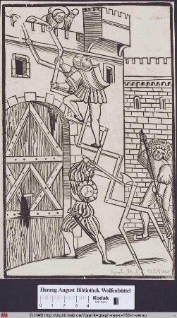 Ein Soldat steigt auf einer Scherenleiter die Stadtmauer hinauf, ein anderer schlägt auf das Tor.
