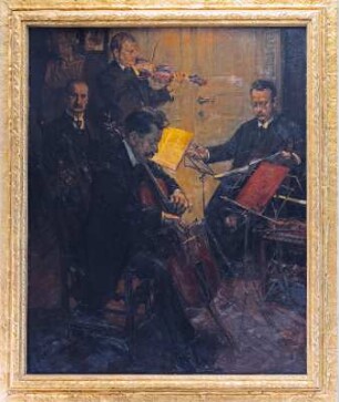 Hahn, Robert: Striegler-Quartett mit Johannes Striegler (V., rechts), Willy Reiner (2. V., stehend), Richard Rokohl (Va., links) und Walter Schilling (Vc., 2. von rechts). Öl/Lw.; 164 x 131 cm. Dresden, 1916. Dresden: Stadtmuseum Dresden 1980/k 97
