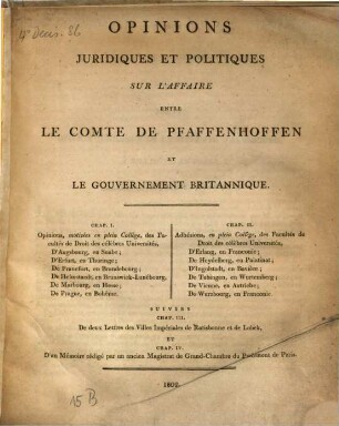 Opinions juridiques et politiques sur l'affaire entre le comte de Pfaffenhoffen et le Gouvernement Britannique