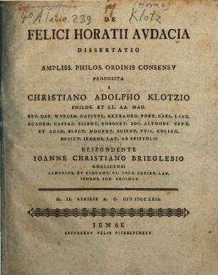 De Felici Horatii Audacia Dissertatio