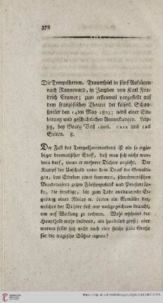 Die Tempelherren. Trauerspiel in fünf Aufzügen nach Raynouard, [...]