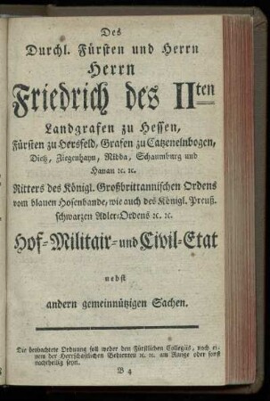 Hof- Militair- und Civil-Etat nebst andern gemeinnuetzigen Sachen