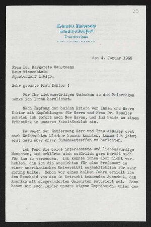 Brief von Frederick W. J. Heuser von Columbia University / Deutsches Haus  an Margarete Hauptmann