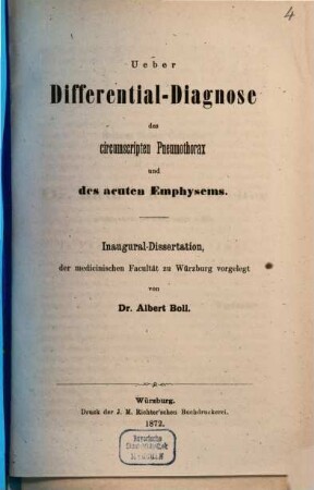 Ueber Differential-Diagnose des circumscripten Pneumothorax und des acuten Emphysems : Inaugural Dissertation