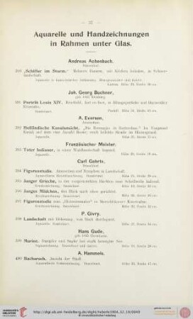 Aquarelle und Handzeichnungen in Rahmen unter Glas (Nr. 390-409)