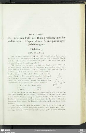 Zweiter Abschnitt. Die einfachen Fälle der Beanspruchung gerader stabförmiger Körper durch Schubspannungen (Schiebungen).