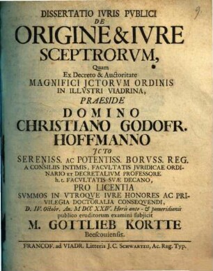 Dissertatio Ivris Pvblici De Origine & Ivre Sceptrorvm