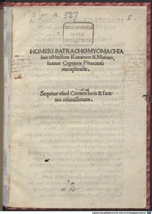 Batrachomyomachia : hoc est, bellum ranarum et murium