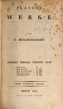 Platons Werke, Th. 2, Bd. 2. Kratilos, Der Sophist, Der Staatsmann, Das Gastmahl