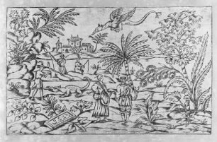 Uferlandschaft mit Krokodil : Uferlandschaft mit Krokodil. Aus: Inventions chinoises XVIII, Blatt 7. Kupferstich, koloriert, 13,3 x 26,0 cm. Dresden: Kupferstich-Kabinett in Band 1156,2 (XVIII)